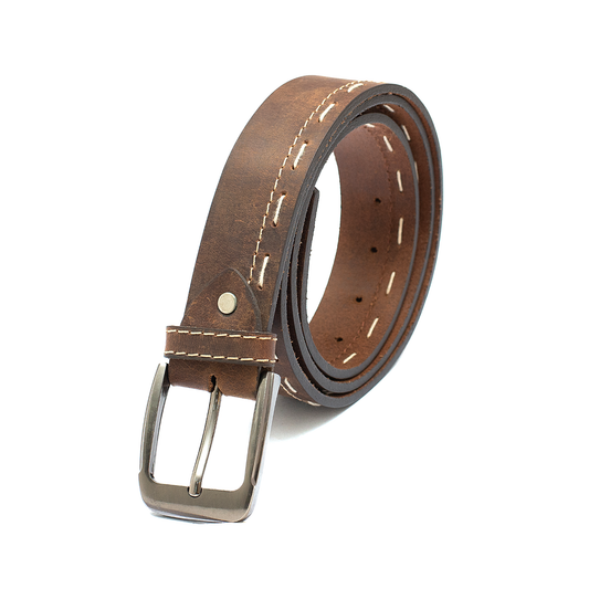 Rustic Brown Stitch-Detail Leather Belt
