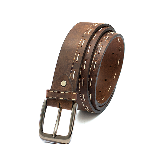 Rustic Brown Stitch-Detail Leather Belt